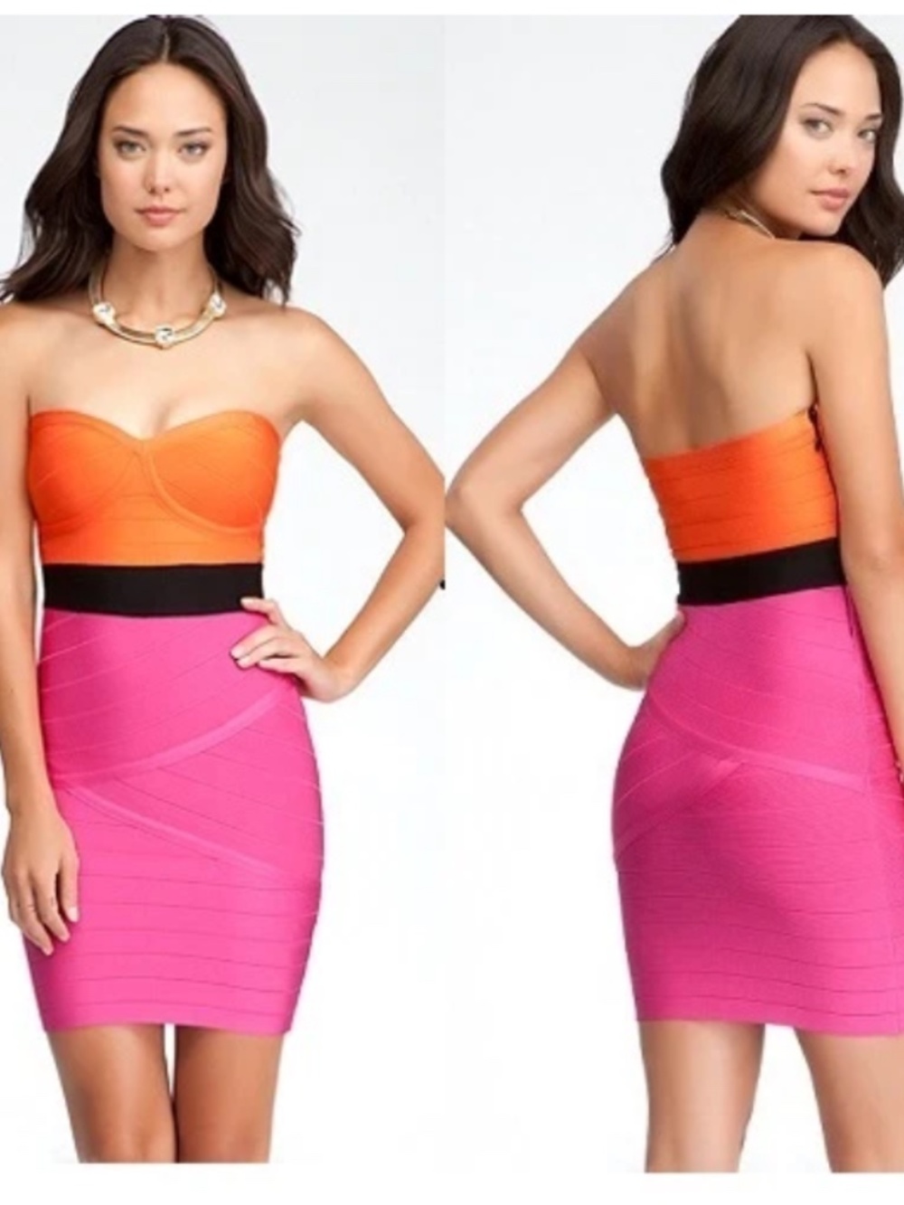 Bebe Orange black hot pink strapless bandage Colorblock bustier dress s small